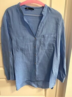 Zara Light Blue Women's Button-Down Linen Shirt